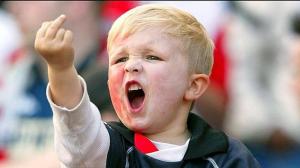 NLD29 - 20020508 - ROTTERDAM, NETHERLANDS : A very young Feyenoord Rotterdam supporter makes a rude gesture during the UEFA Cup final match against Borussia Dortmund in Rotterdam on Wednesday, 08 May 2002. EPA PHOTO ANP/JASPER JUINEN/CSS-ms